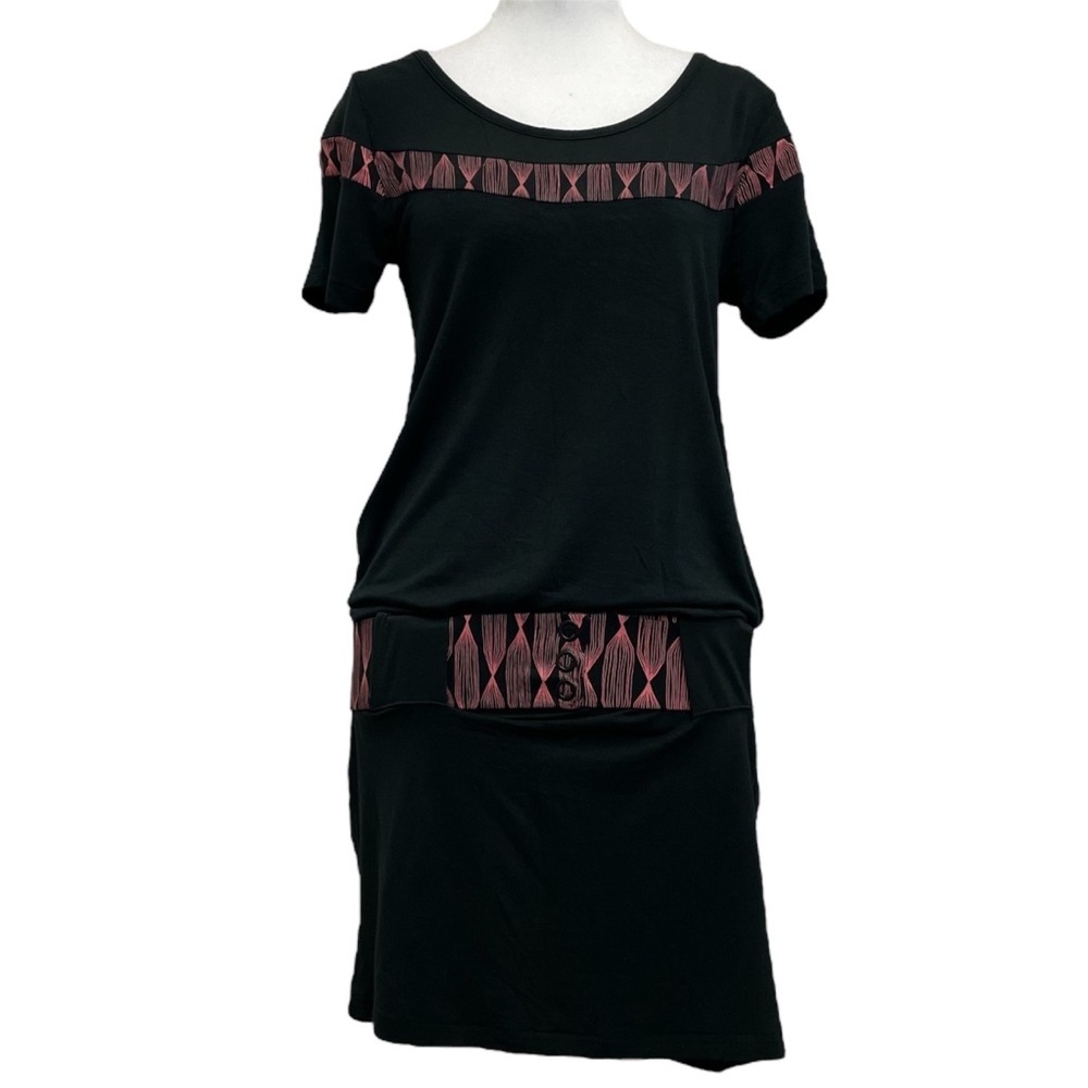 SkunkFunk Black Pobena Belted Drop Waist Short Sleeve Jersey Mini Dress